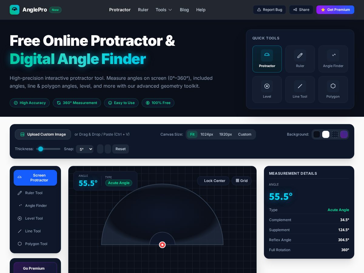 Landing-page snapshot of onlinefreeprotractor.com