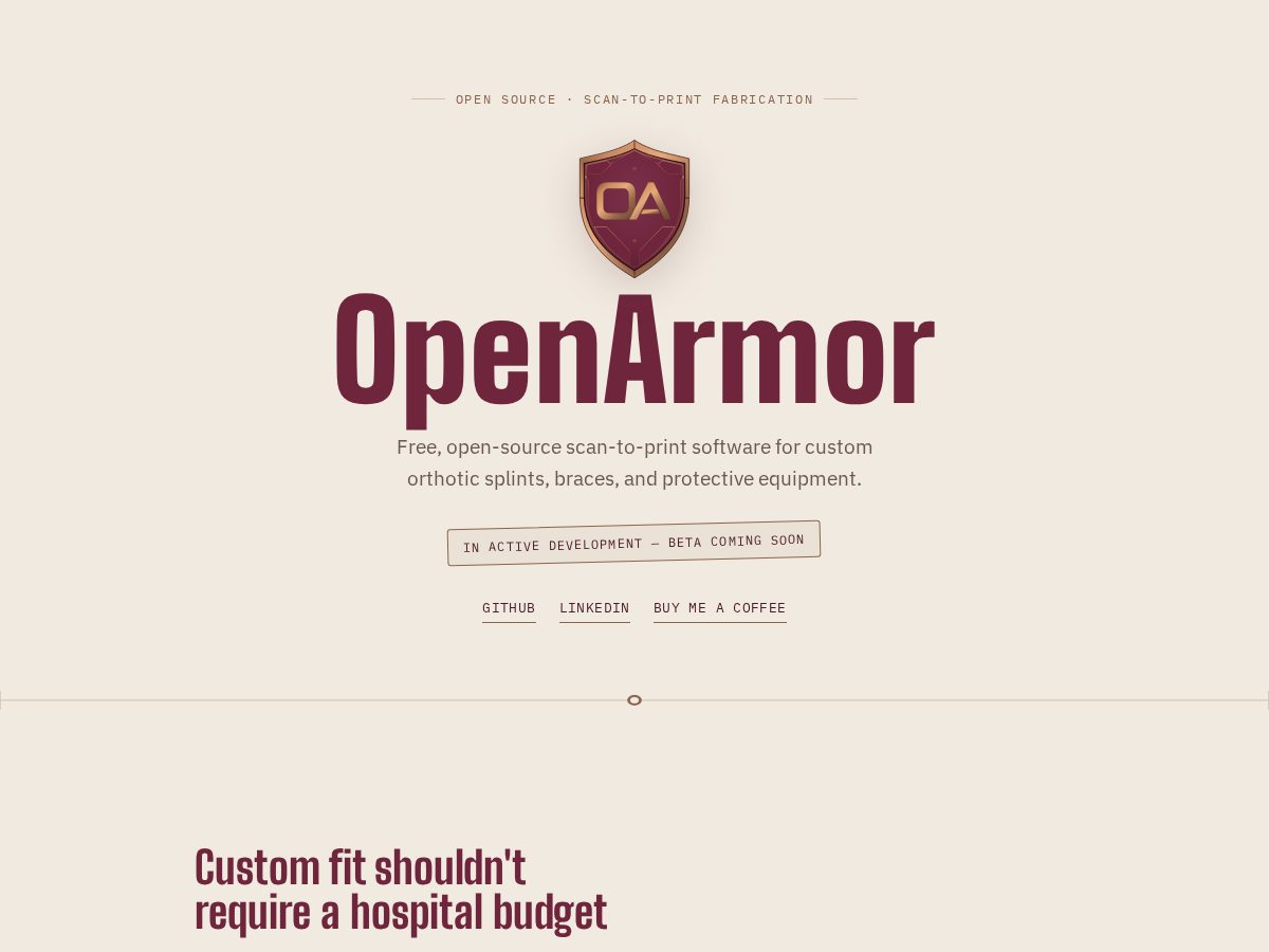 Landing-page snapshot of openarmordesign.com