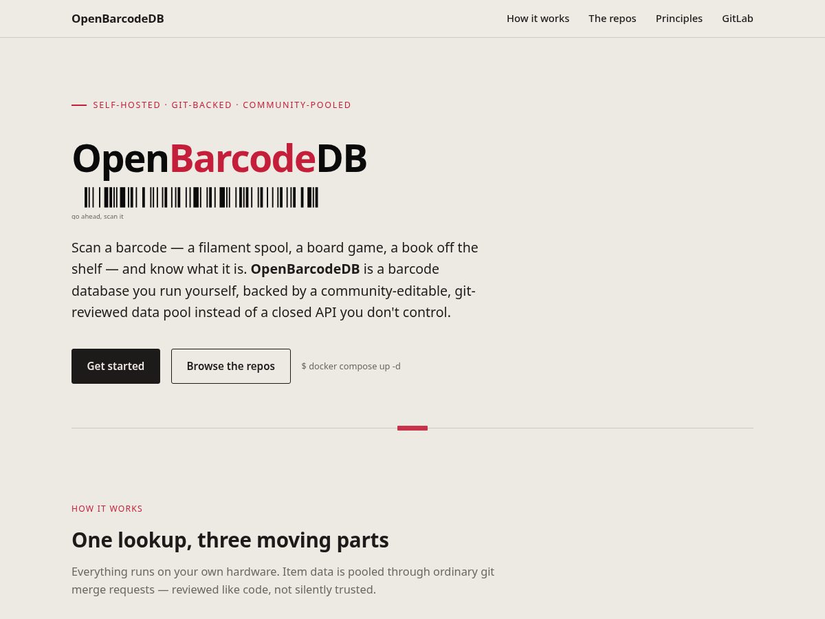 Landing-page snapshot of openbarcodedb.org
