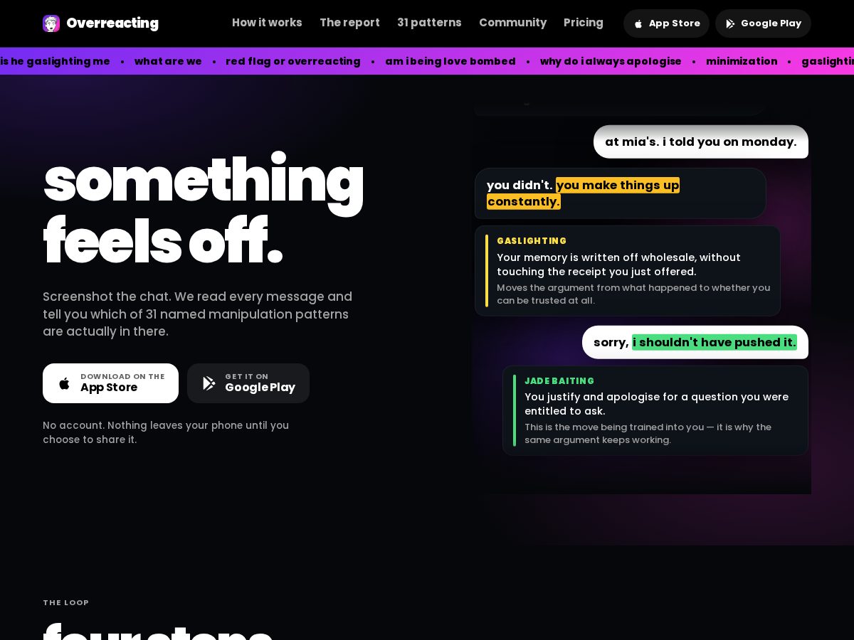 Landing-page snapshot of overreacting.app