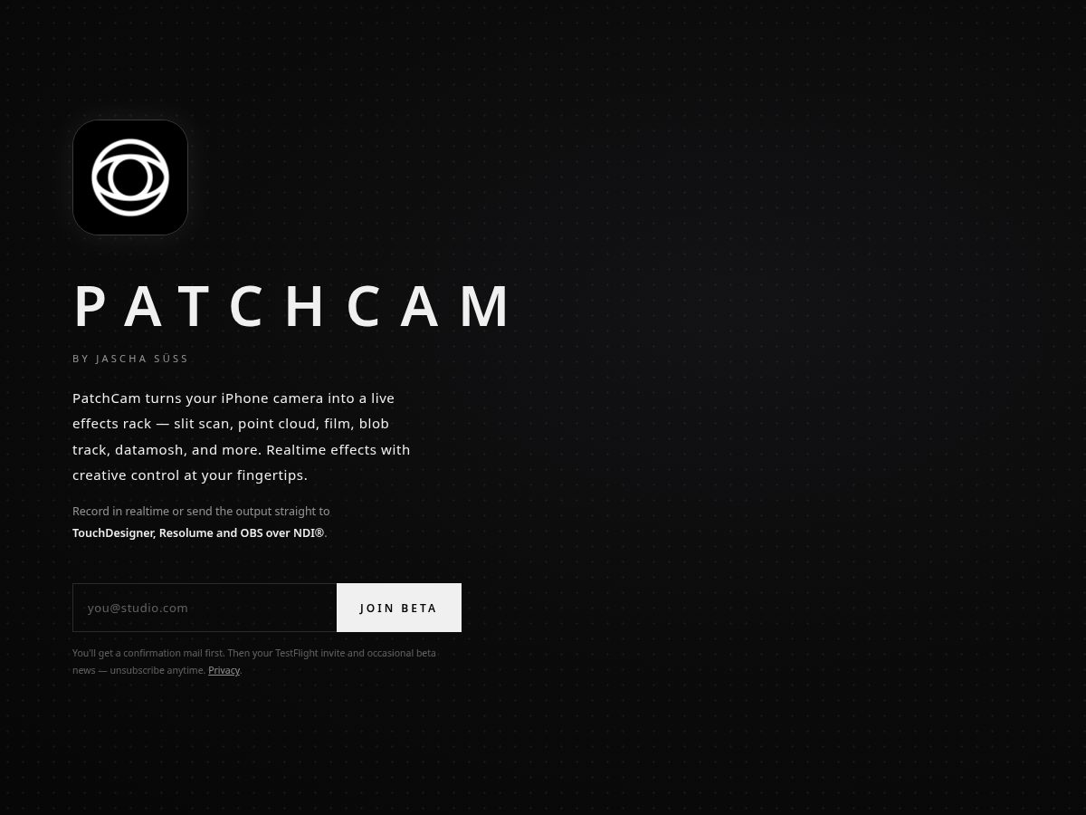 Landing-page snapshot of patchcam.app
