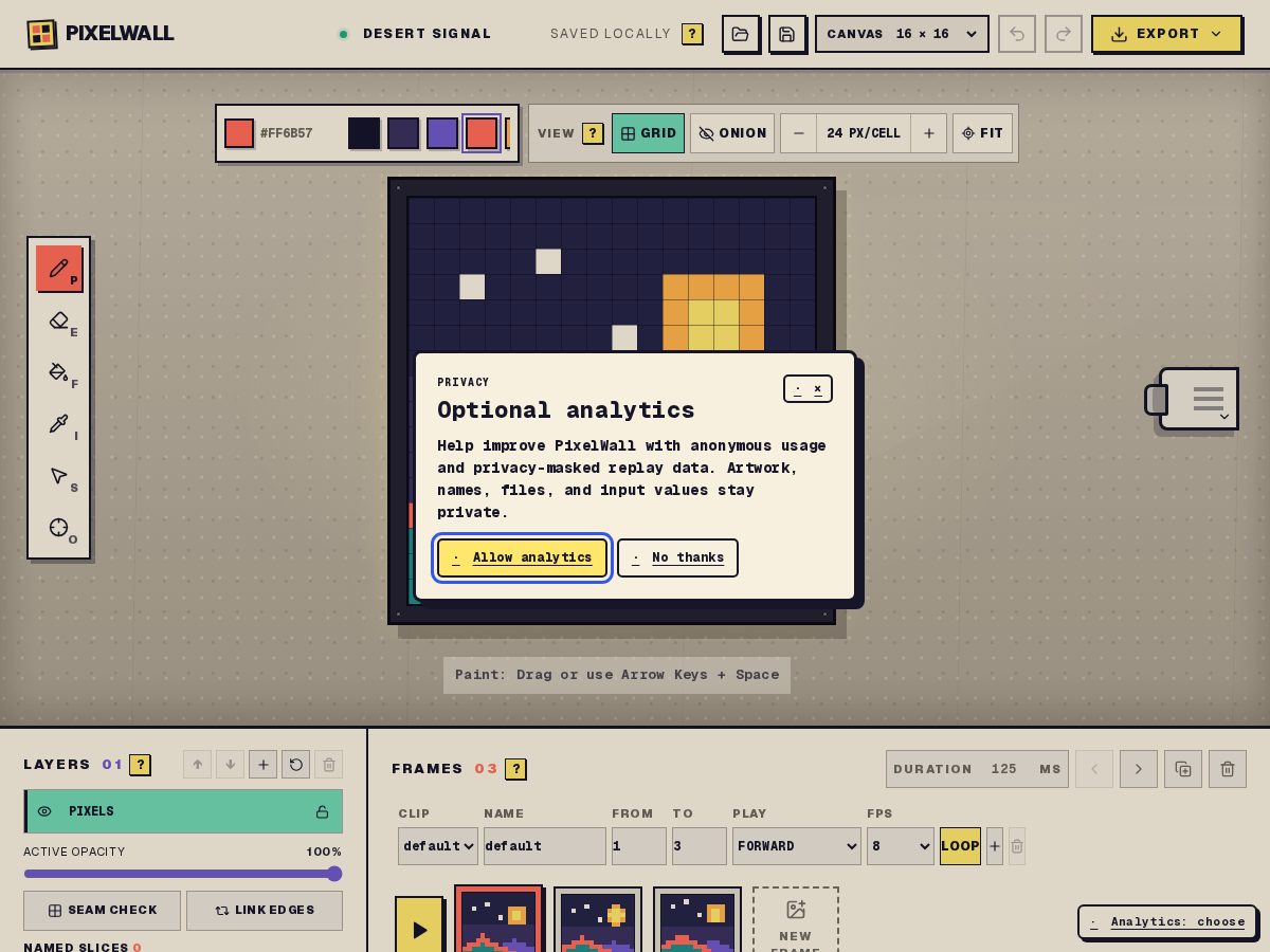 Landing-page snapshot of pixelwall.dev