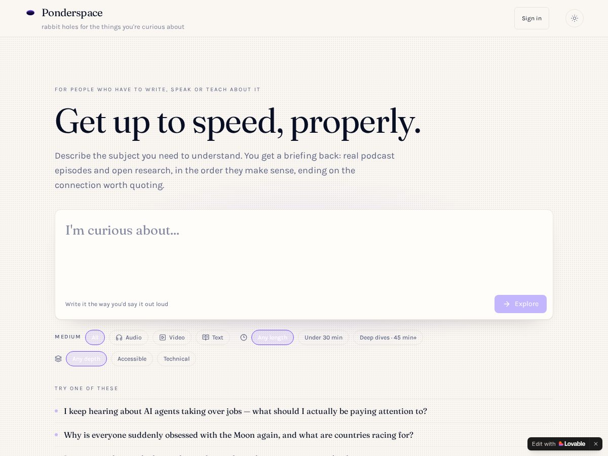 Landing-page snapshot of ponderspace.app