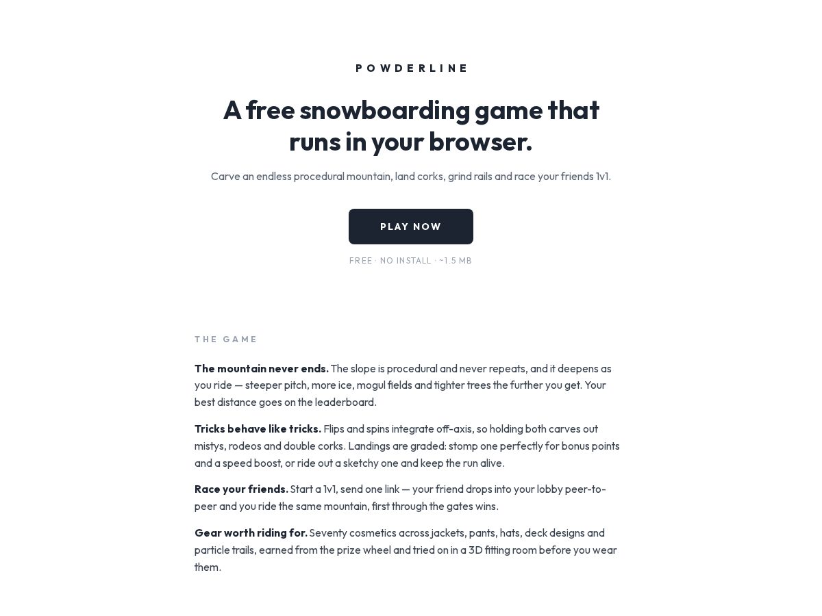 Landing-page snapshot of powderlinegame.com
