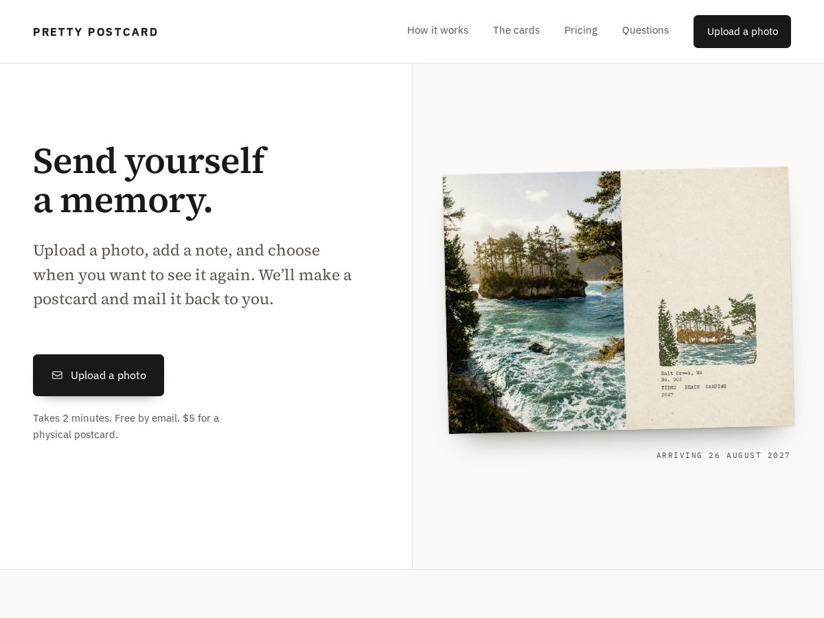 Landing-page snapshot of prettypostcard.com