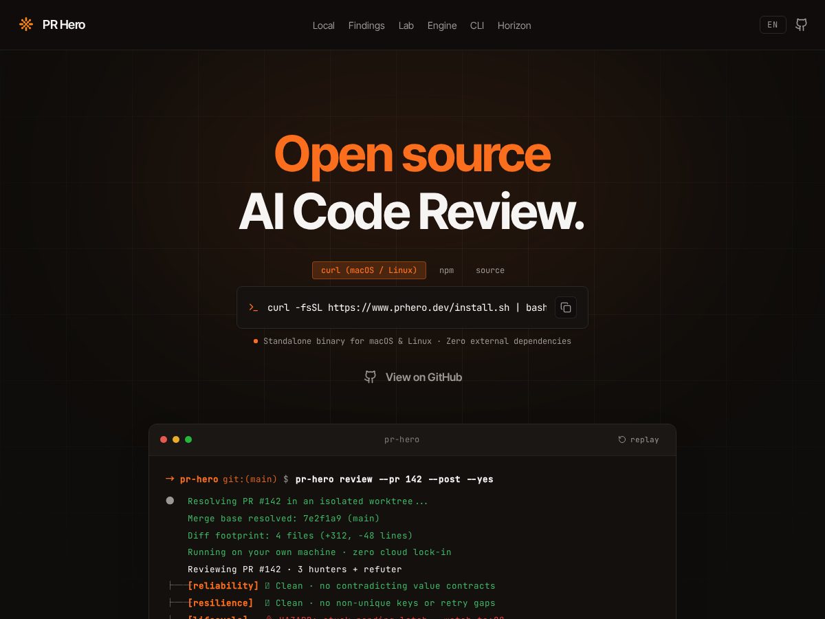 Landing-page snapshot of prhero.dev