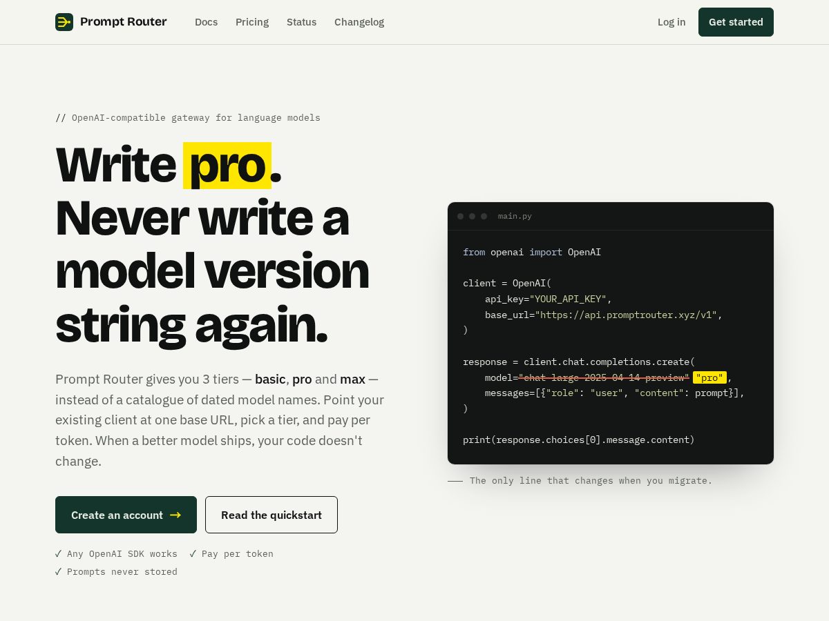 Landing-page snapshot of promptrouter.xyz