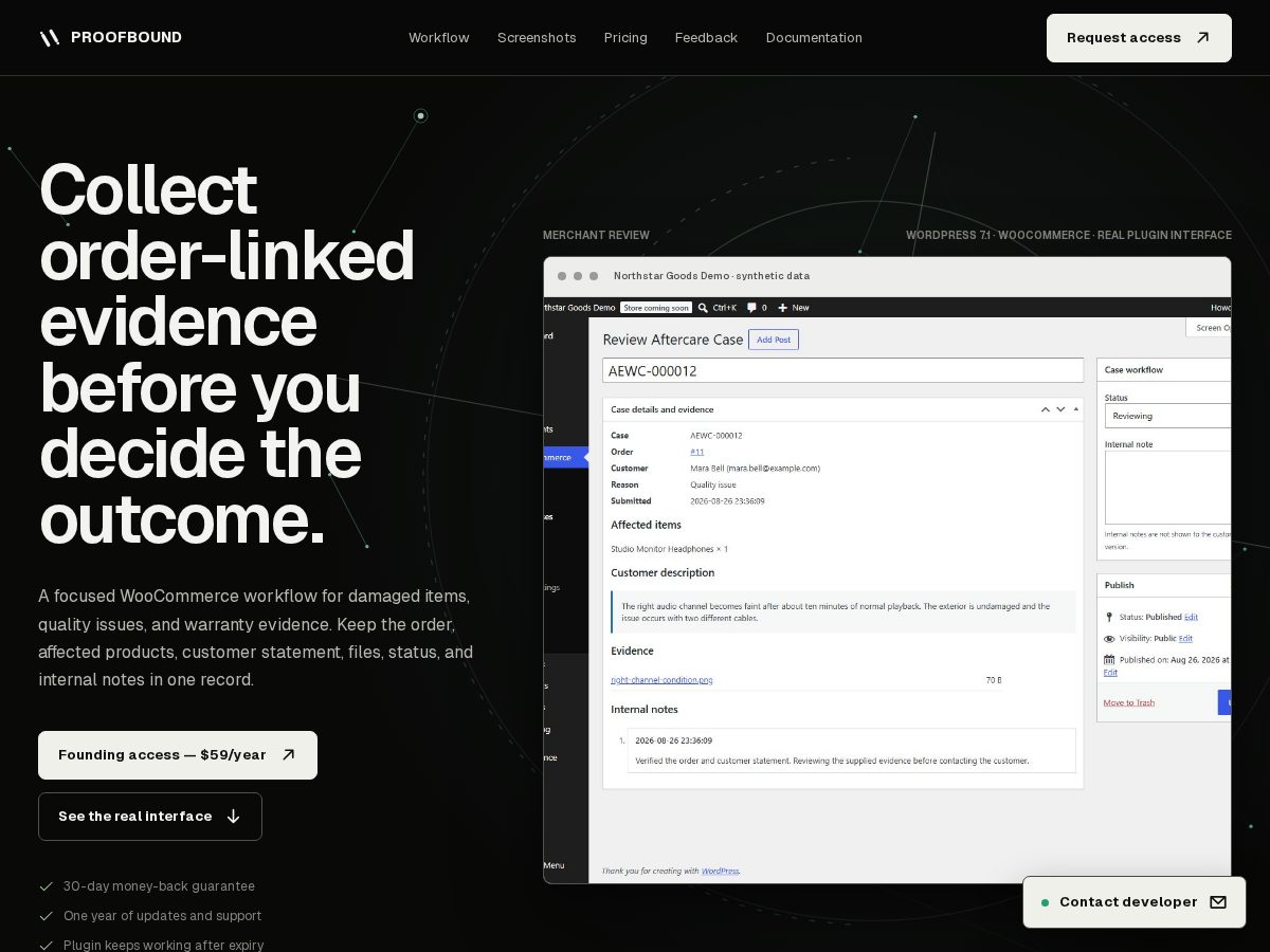 Landing-page snapshot of proofbound-work.com