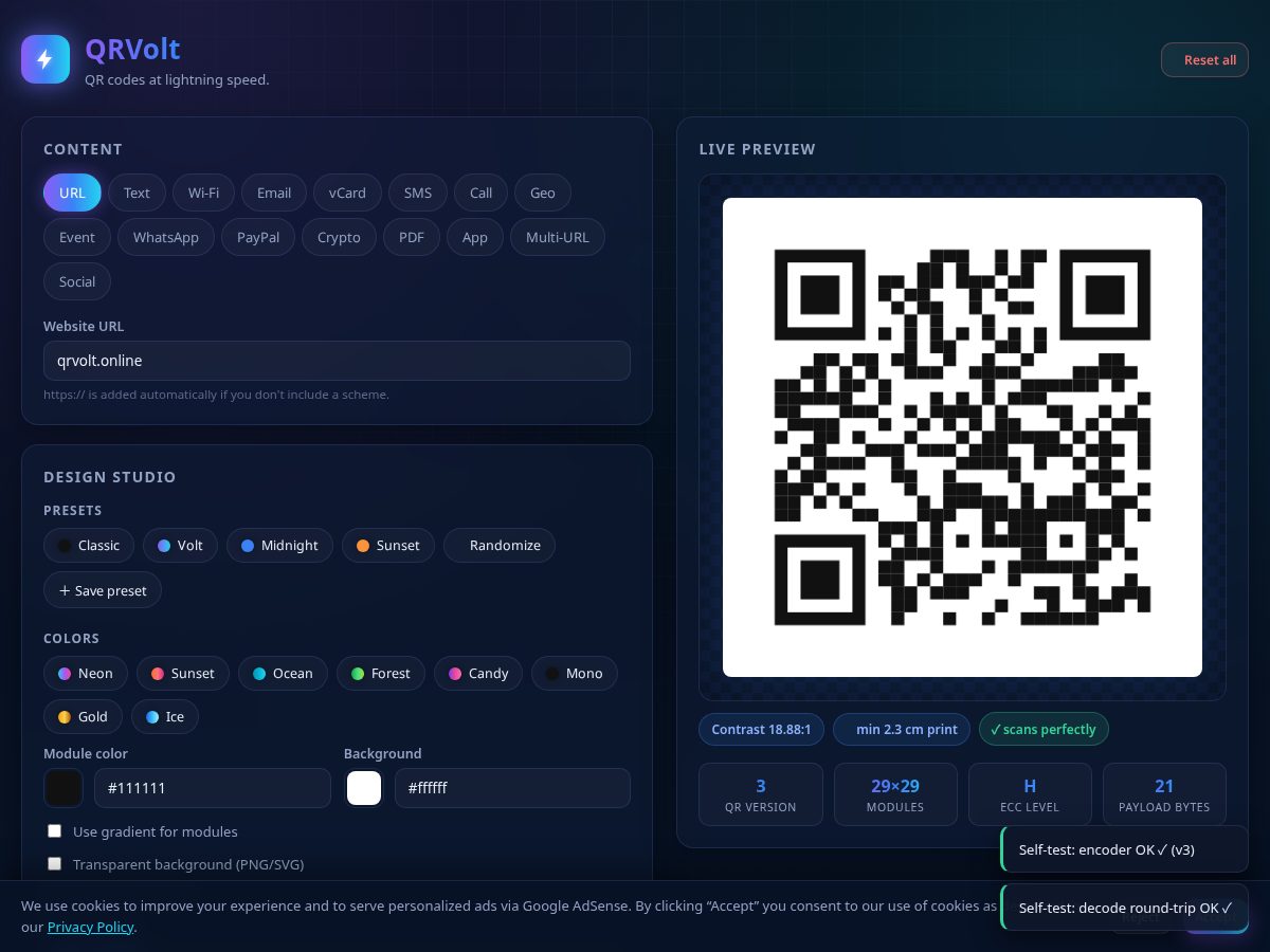 Landing-page snapshot of qrvolt.online