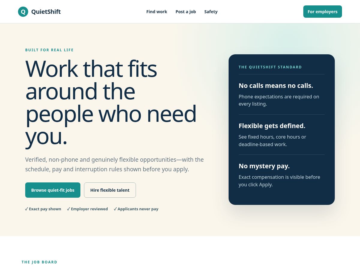 Landing-page snapshot of quietshiftjobs.com