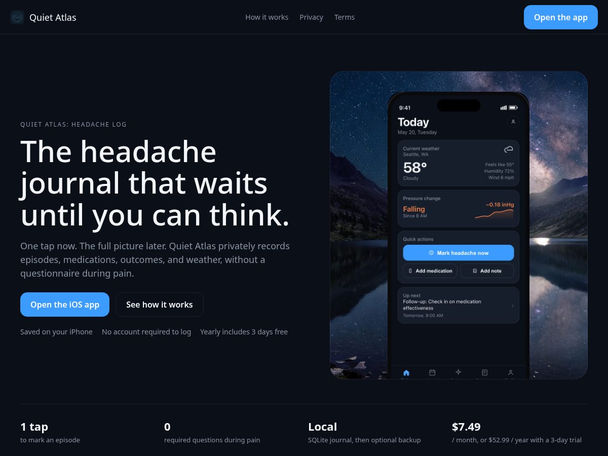 Landing-page snapshot of quiteatlas.app