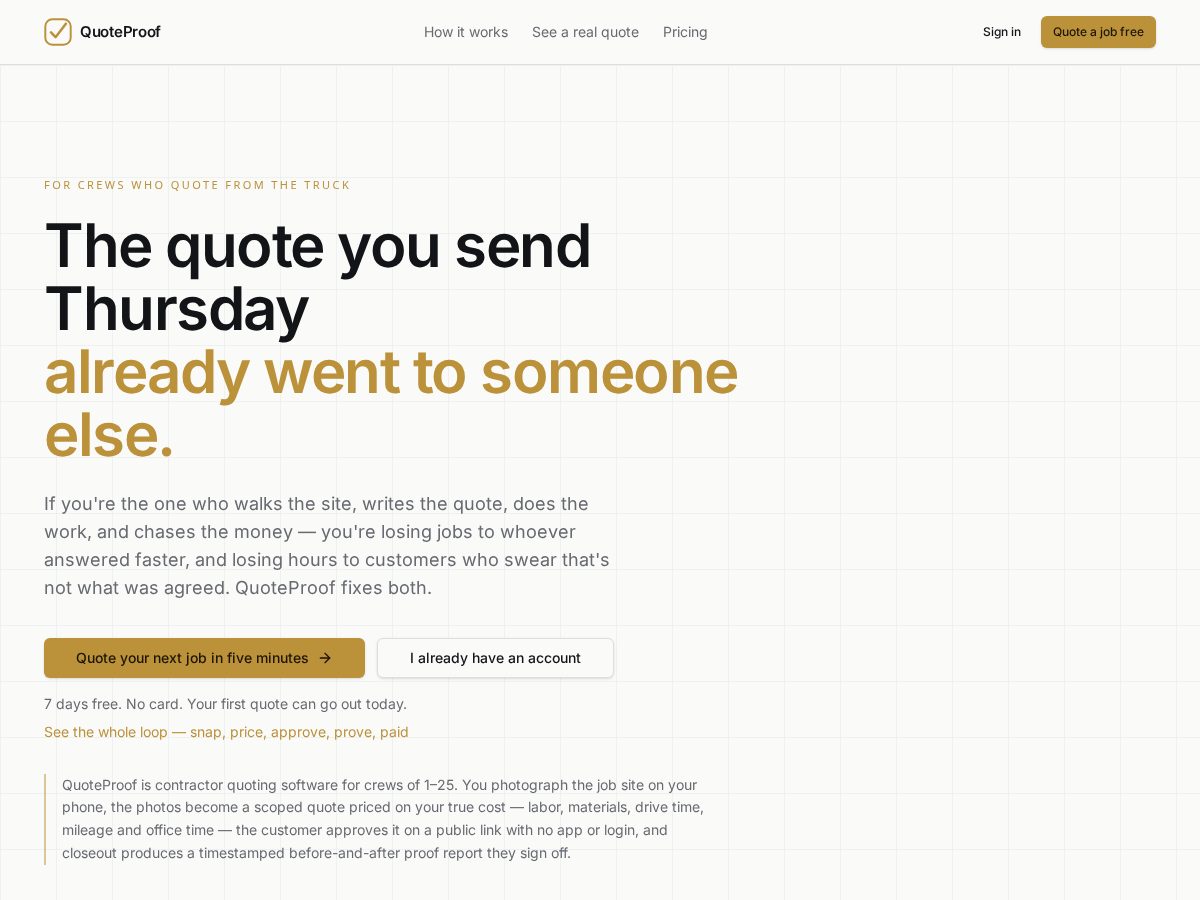 Landing-page snapshot of quoteproof.dev