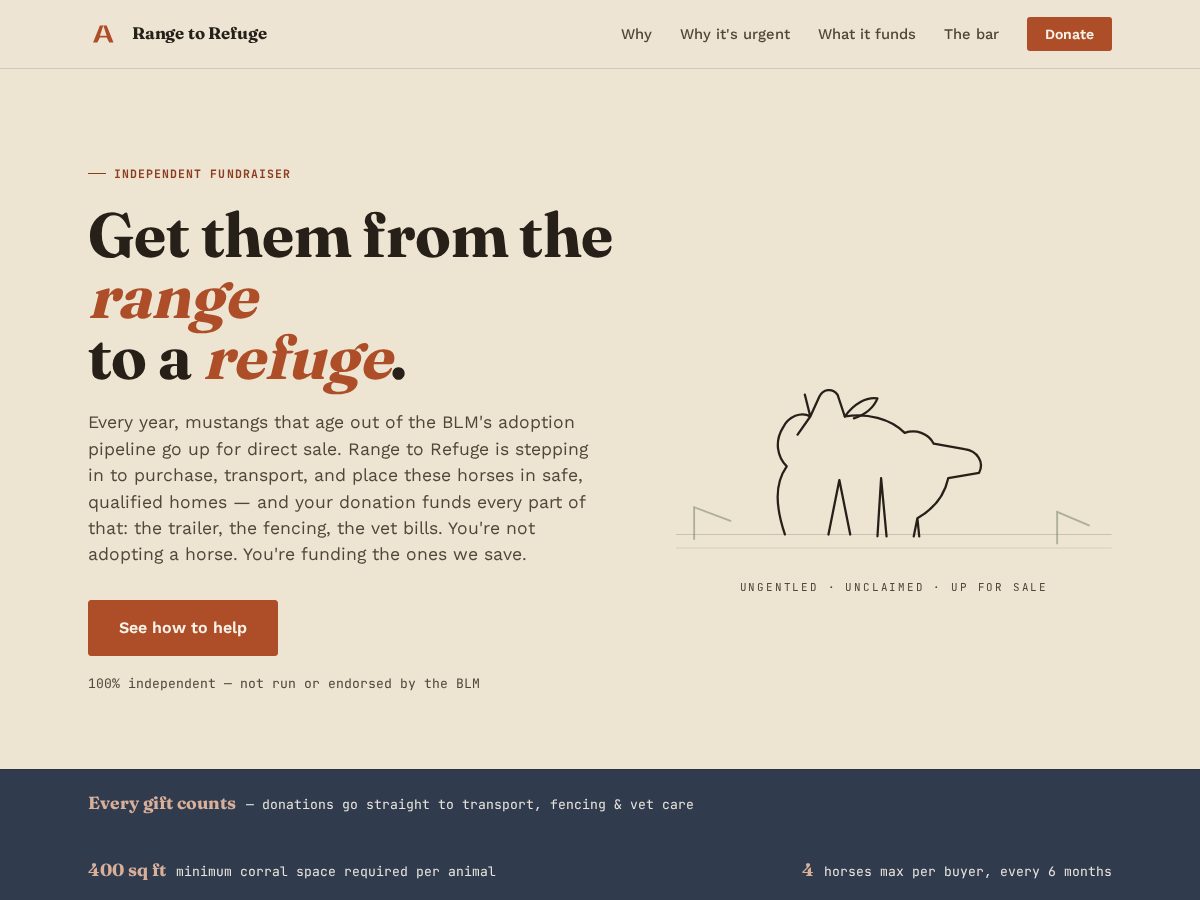 Landing-page snapshot of rangetorefuge.com