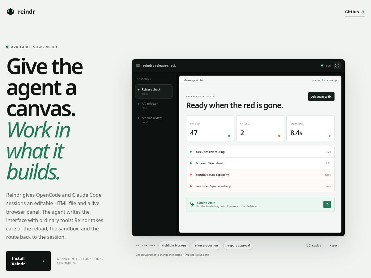 Landing-page snapshot of reindr.dev