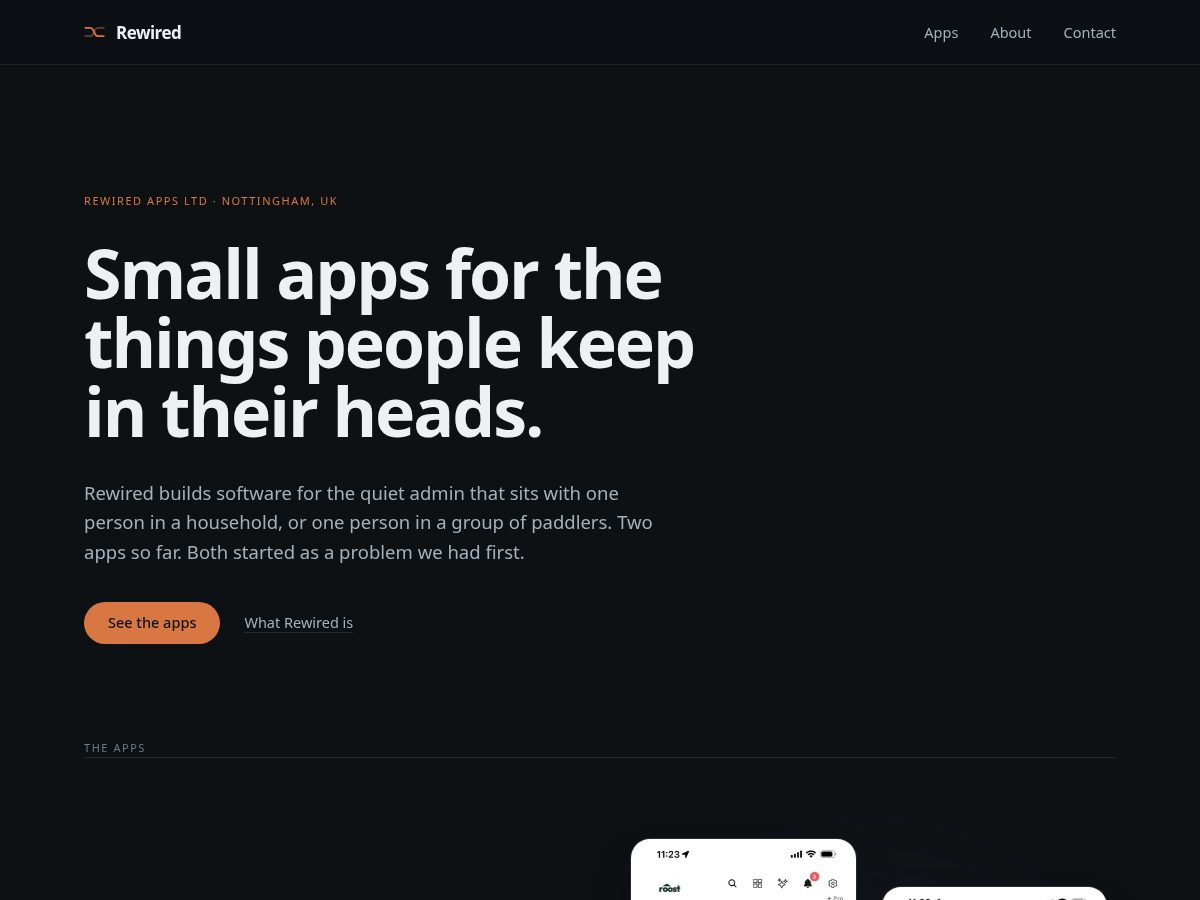 Landing-page snapshot of rewiredapps.com