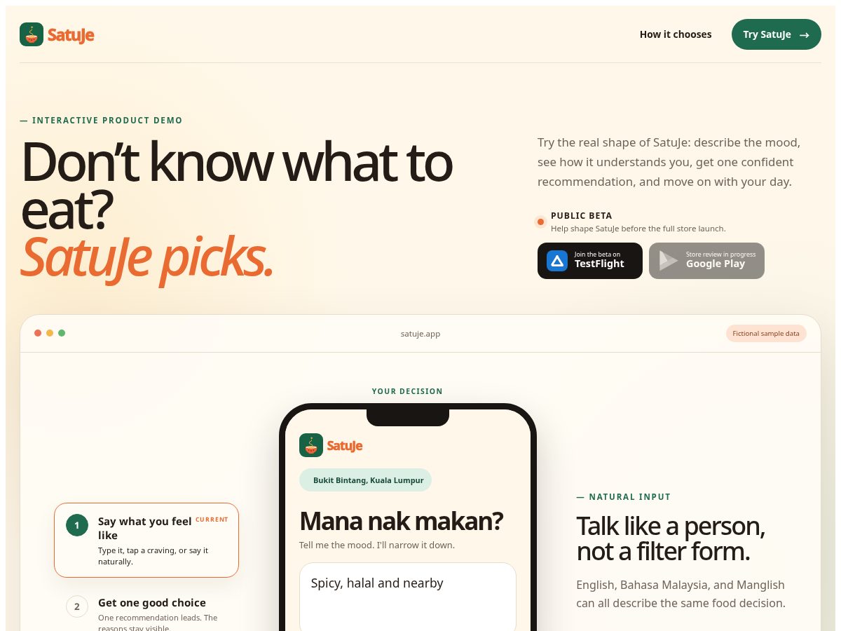 Landing-page snapshot of satuje.app
