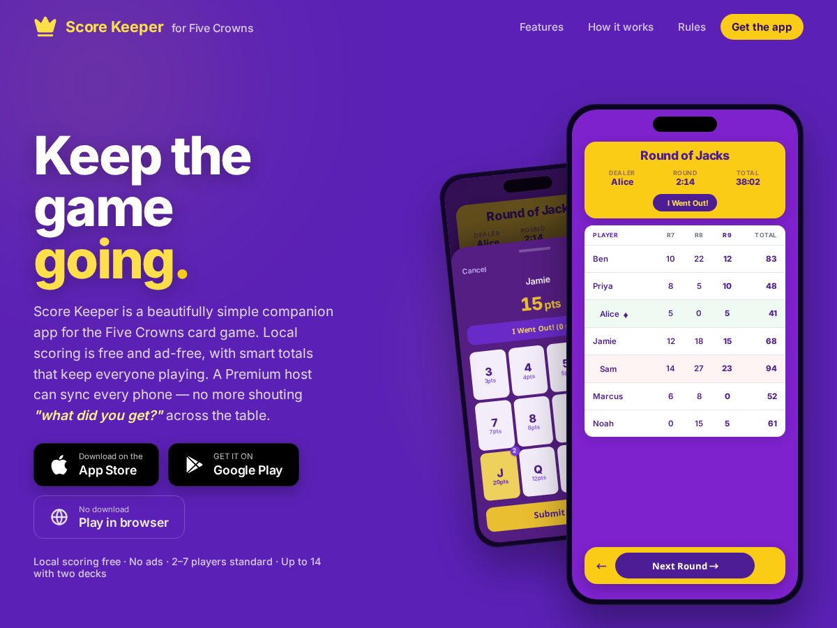 Landing-page snapshot of scorekeeperforfivecrowns.com