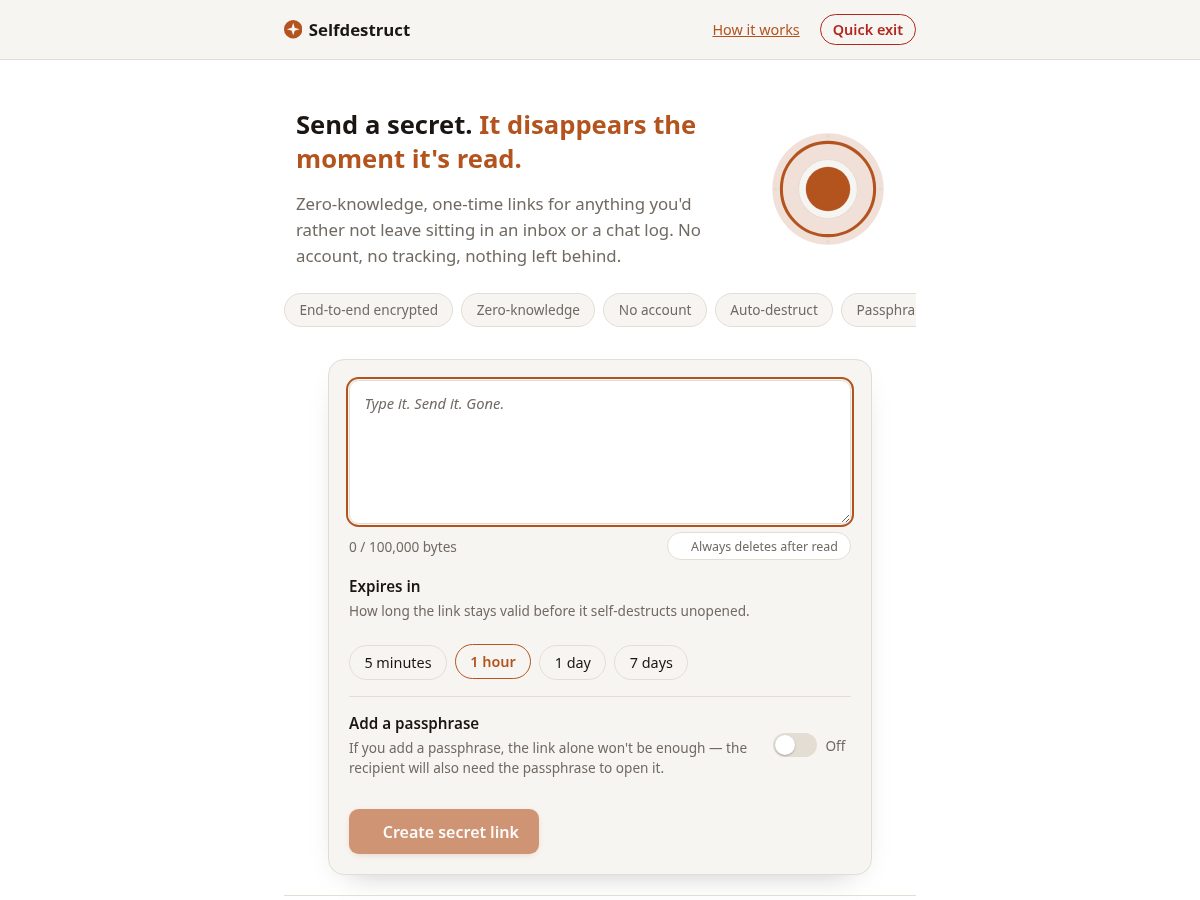 Landing-page snapshot of selfdestruct.online