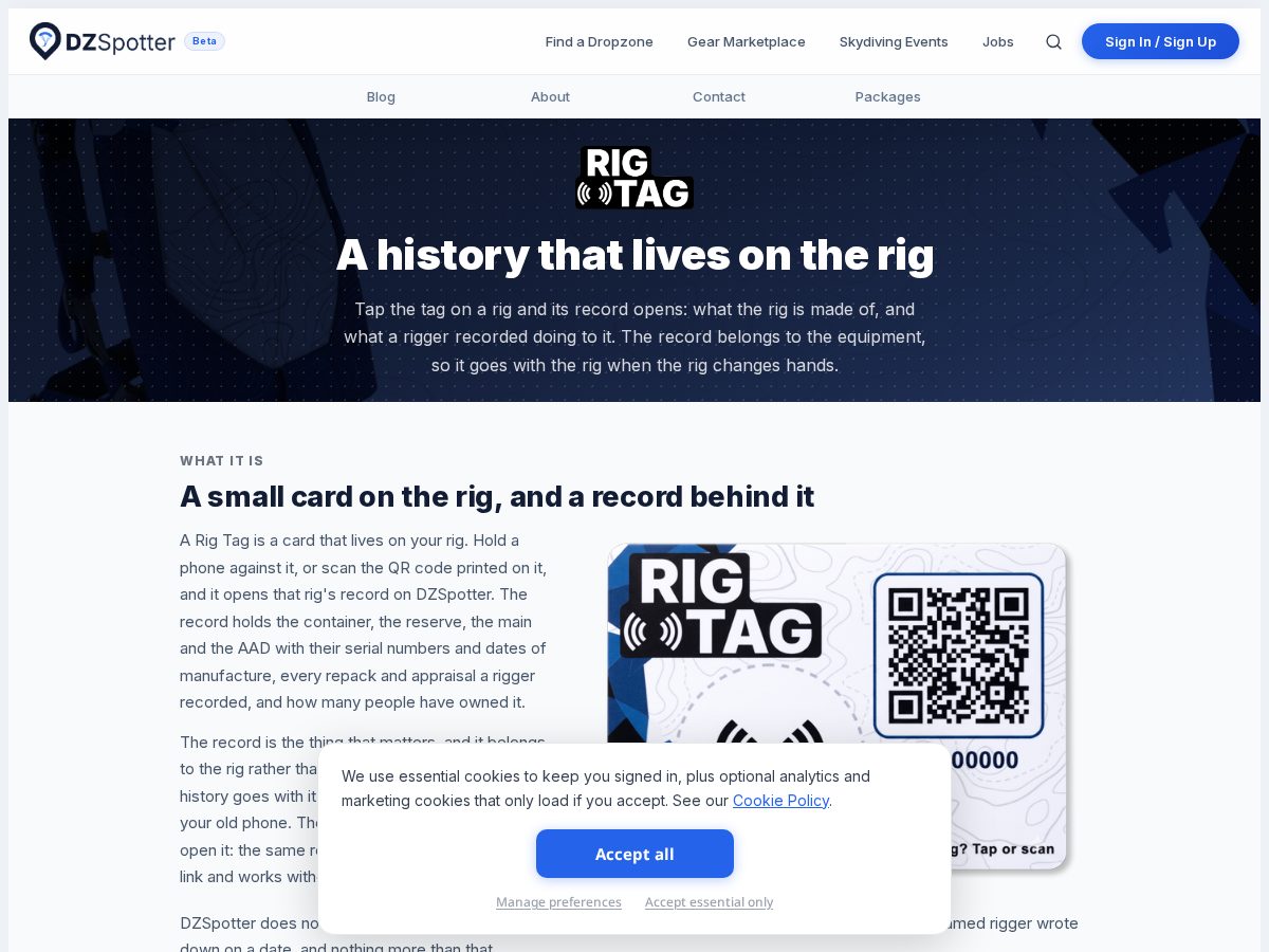 Landing-page snapshot of skydivingrigtag.com