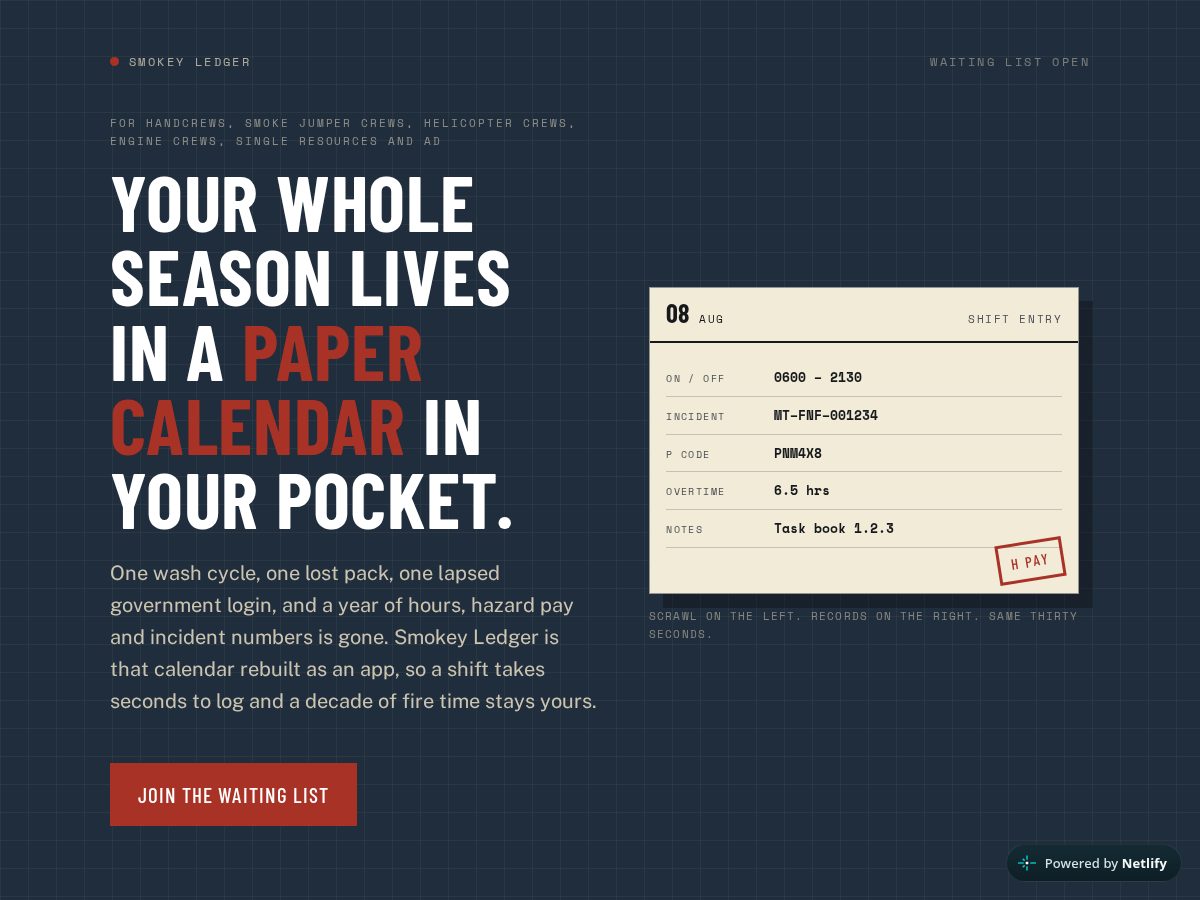 Landing-page snapshot of smokeyledger.com