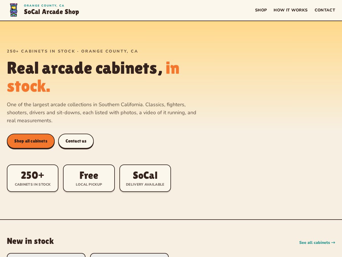 Landing-page snapshot of socalarcadeshop.com
