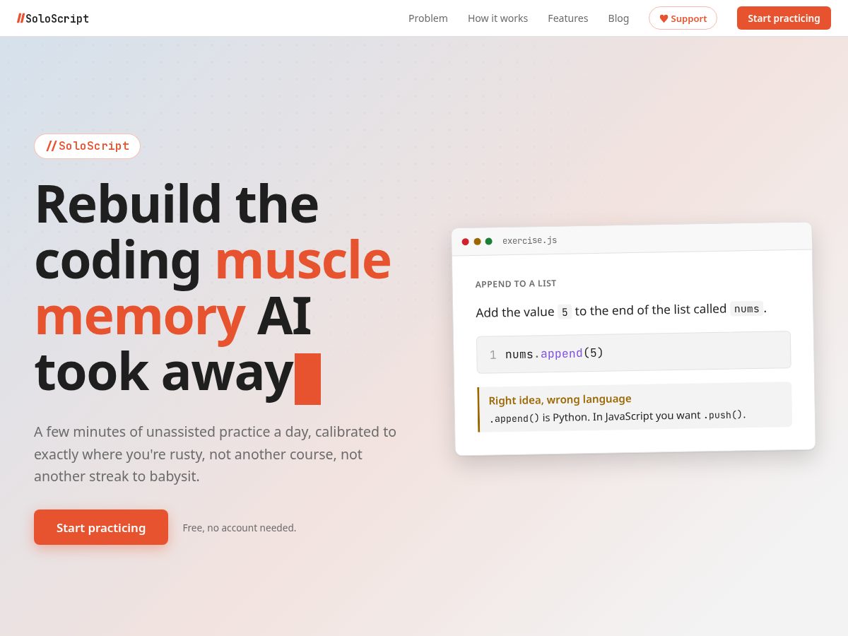 Landing-page snapshot of soloscript.dev