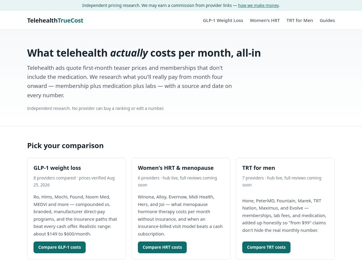 Landing-page snapshot of telehealthtruecost.com