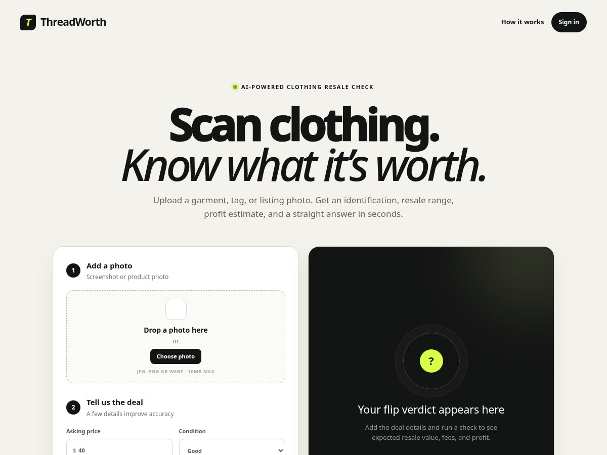 Landing-page snapshot of threadworthapp.com