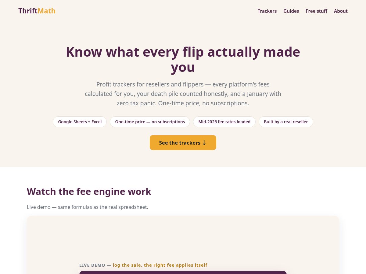 Landing-page snapshot of thriftmath.com