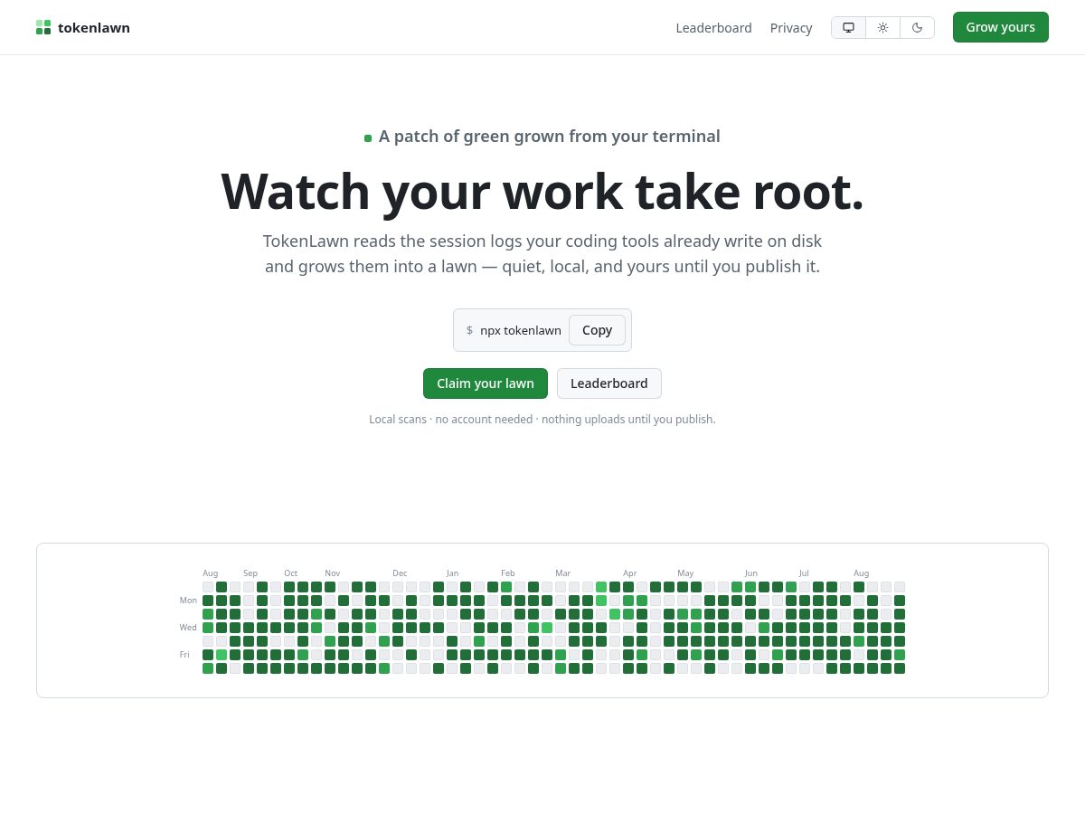 Landing-page snapshot of tokenlawn.dev