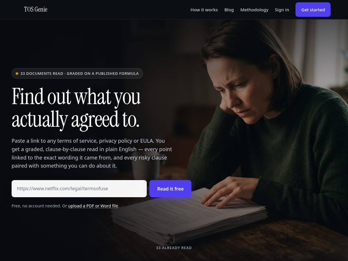 Landing-page snapshot of tosgenie.com