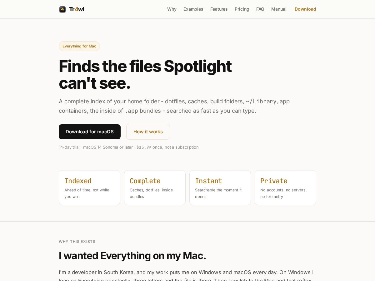 Landing-page snapshot of tr4wl.com