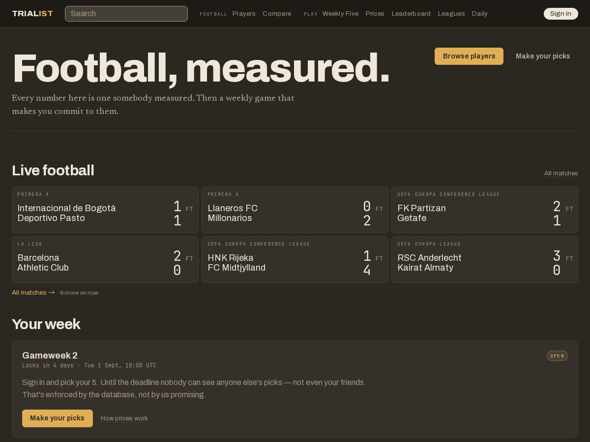 Landing-page snapshot of trialist.football