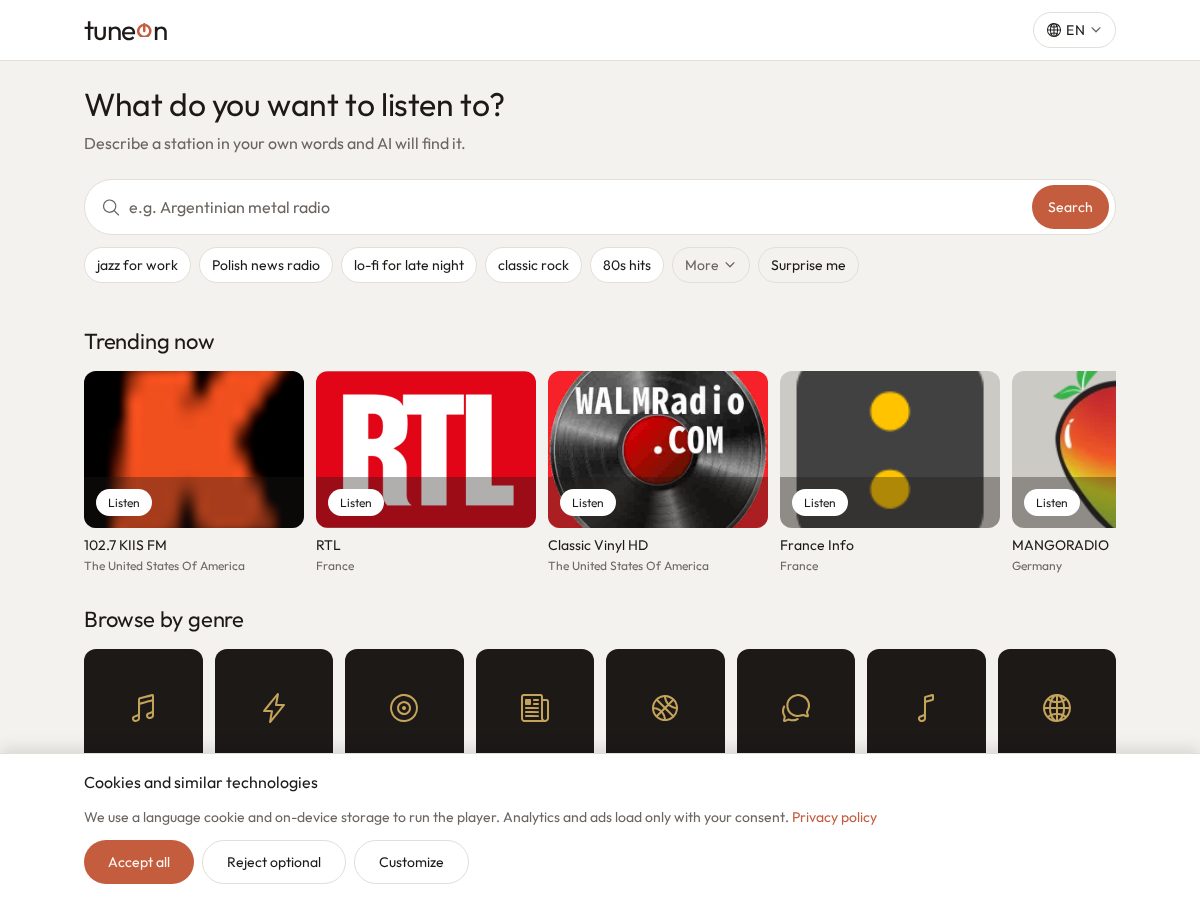Landing-page snapshot of tuneon.online