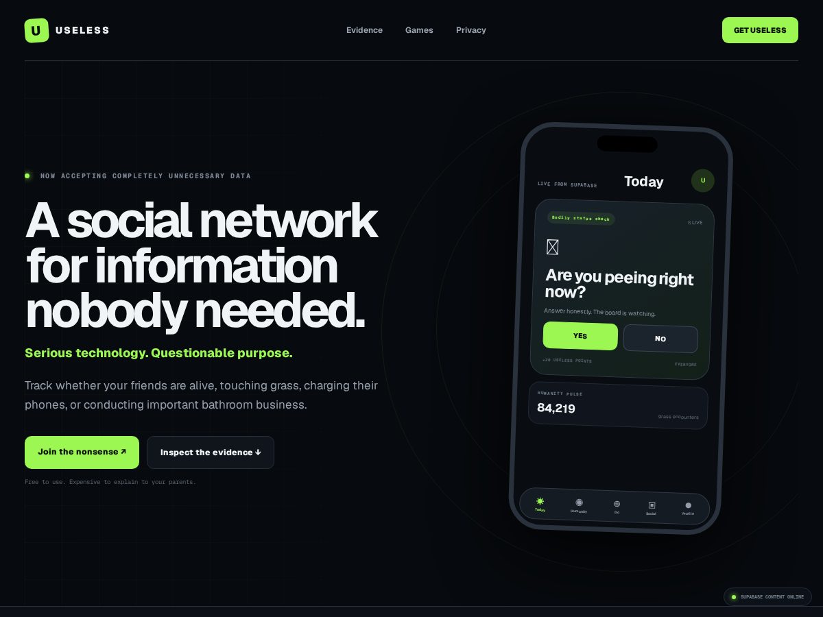Landing-page snapshot of useusless.com