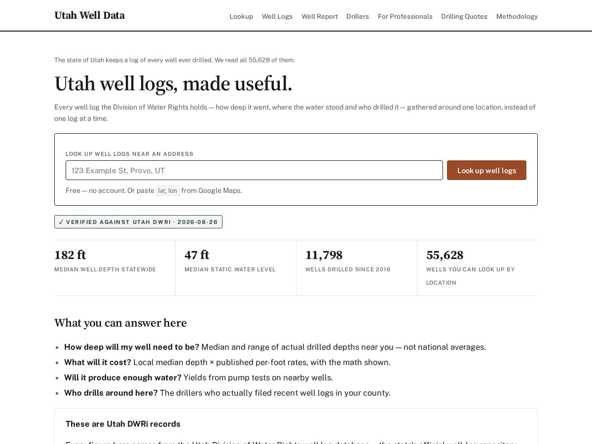Landing-page snapshot of utahwelldata.com