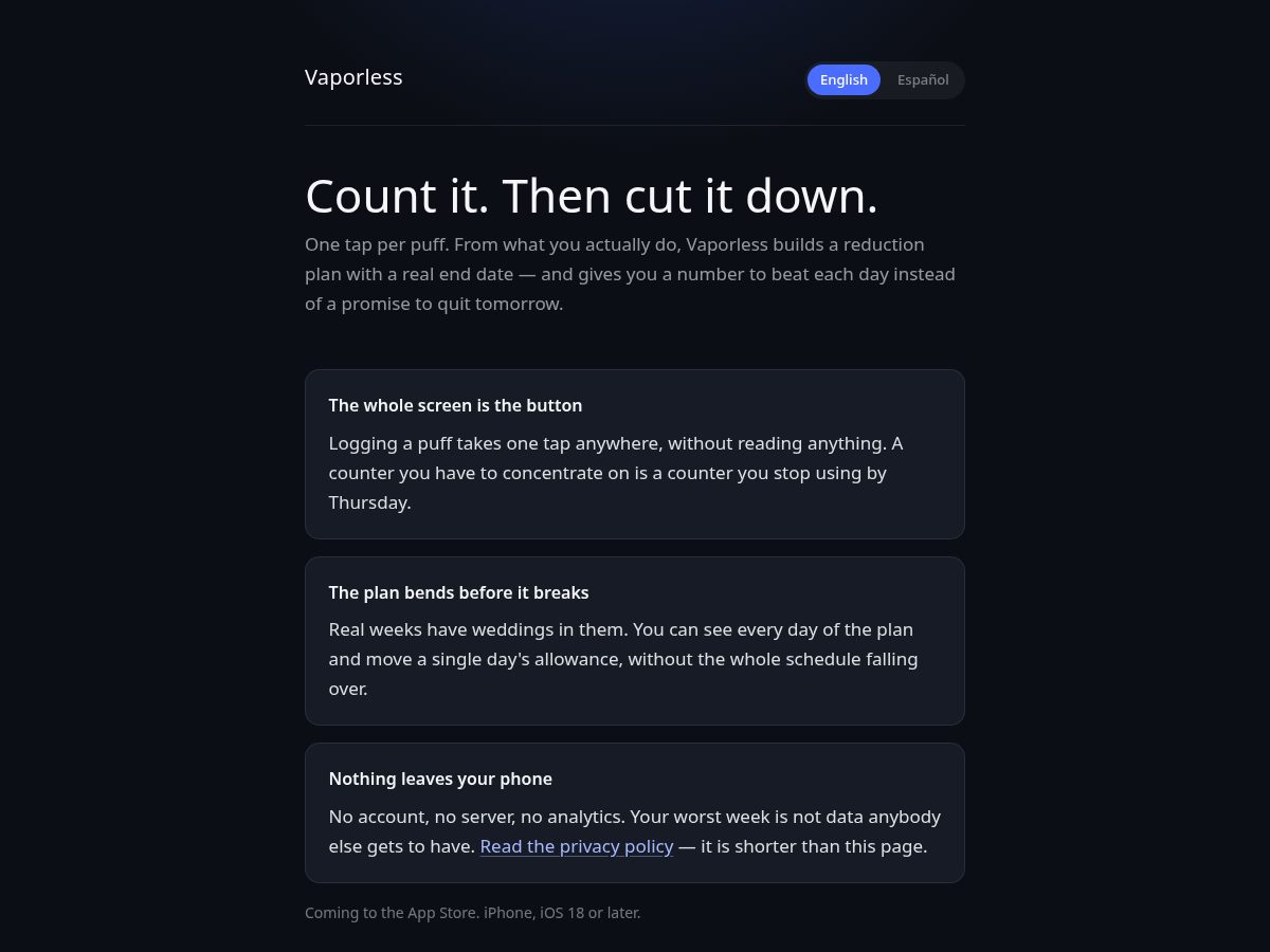 Landing-page snapshot of vaporless.app