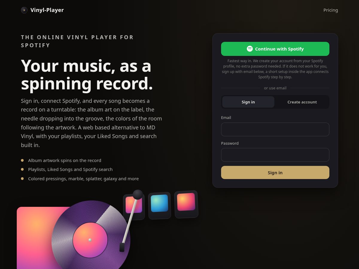 Landing-page snapshot of vinyl-player.com