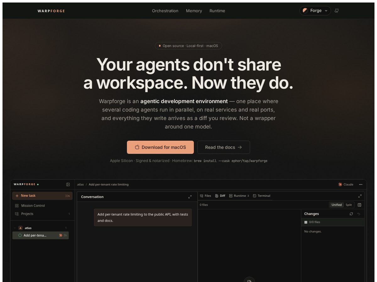 Landing-page snapshot of warpforge.app