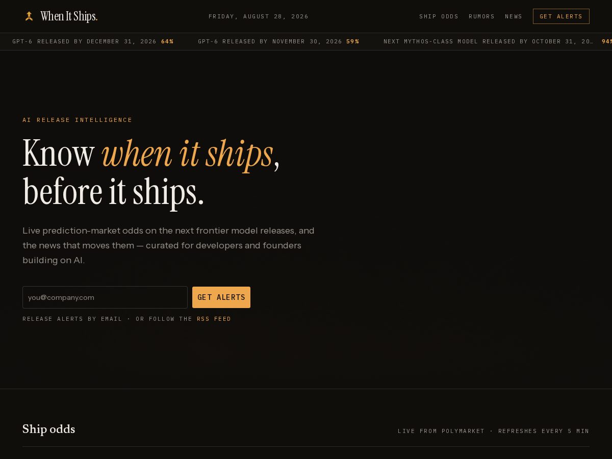 Landing-page snapshot of whenitships.com