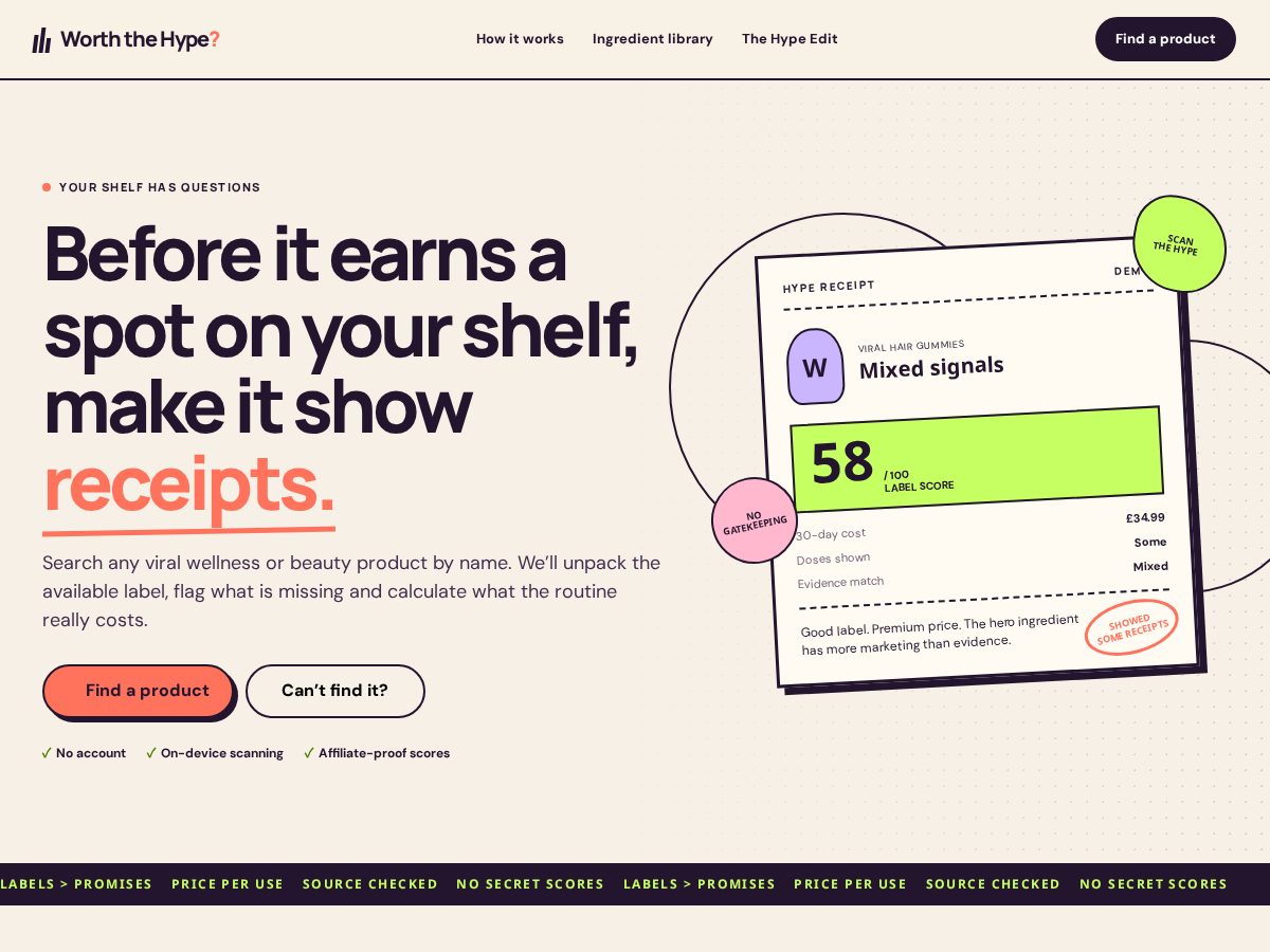 Landing-page snapshot of worththehype.fyi