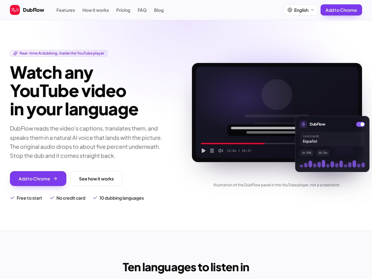 Landing-page snapshot of ytdubflow.com