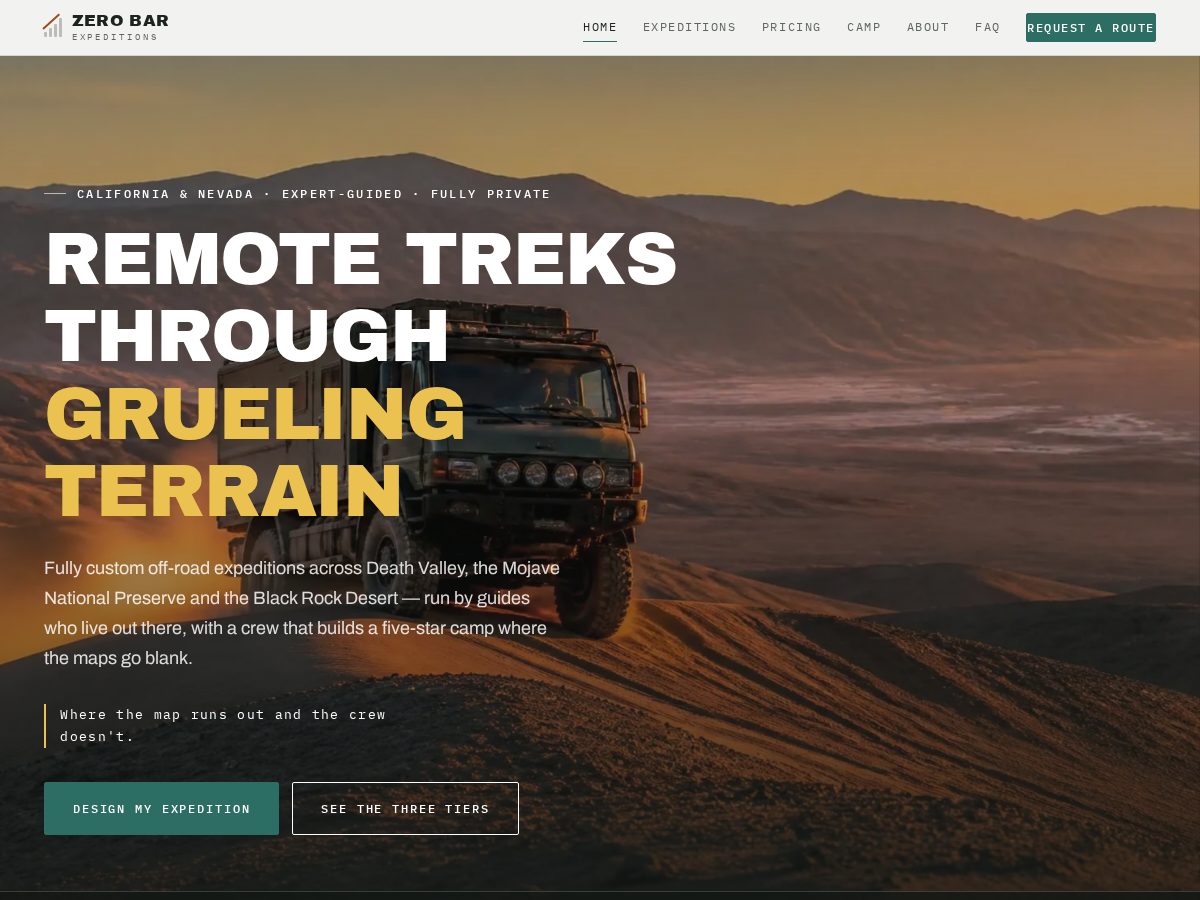 Landing-page snapshot of zerobarexpeditions.com