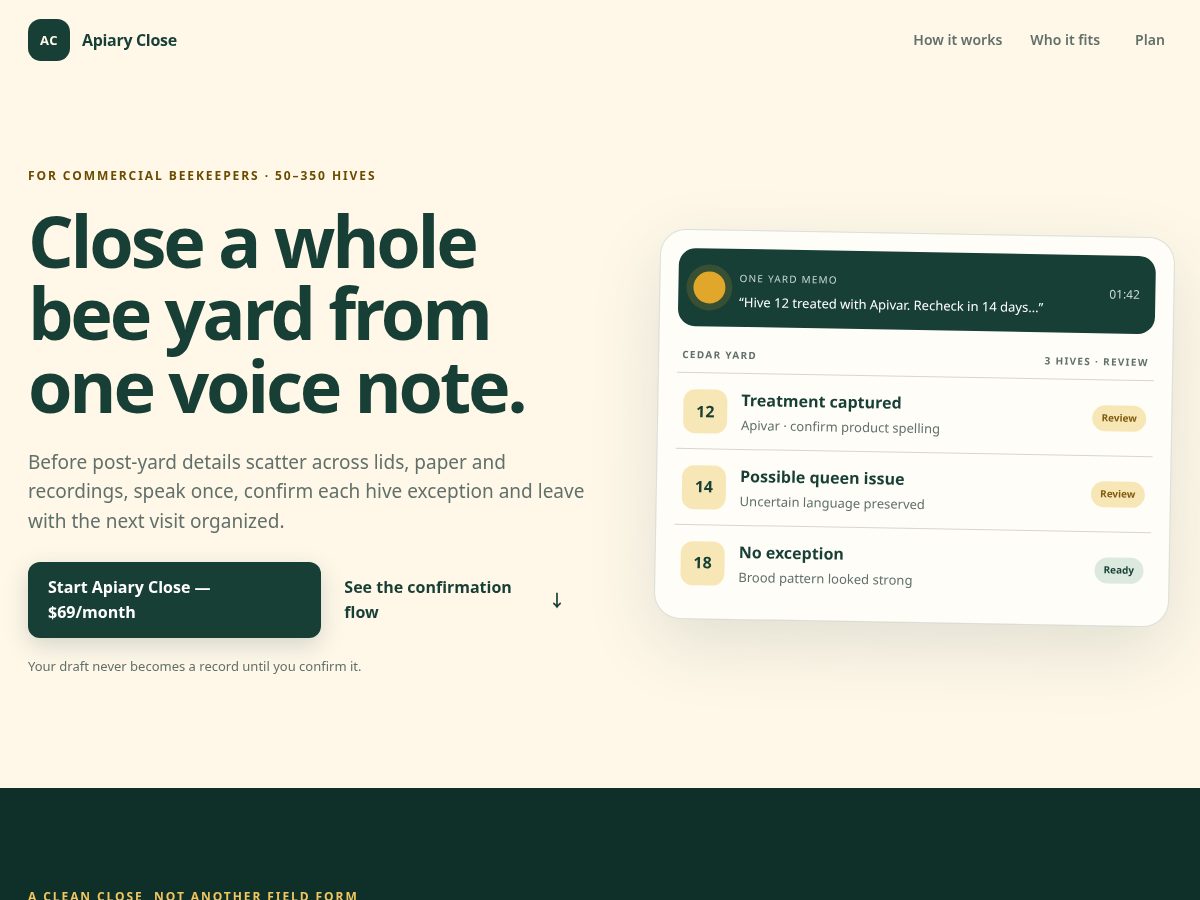 Landing-page snapshot of apiaryclose.com