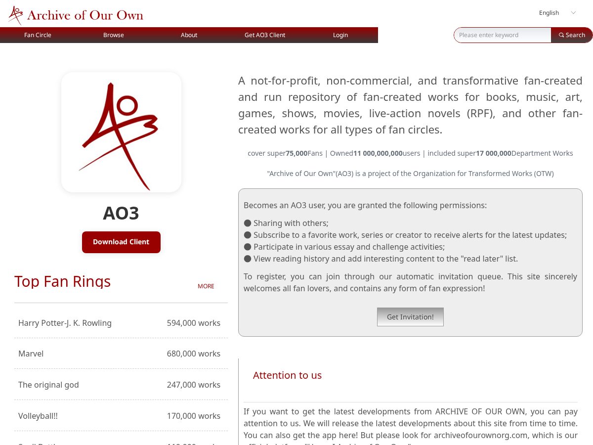 Landing-page snapshot of archiveofourownorg.com