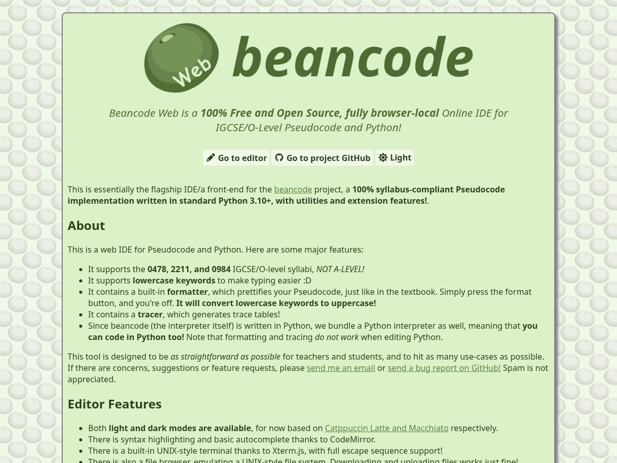 Landing-page snapshot of beancode-web.net