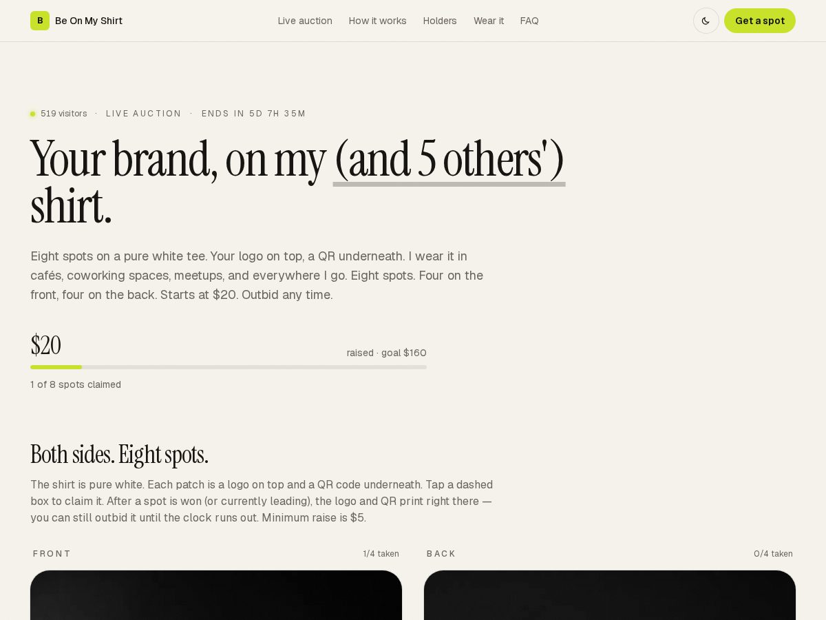 Landing-page snapshot of beonmyshirt.lol