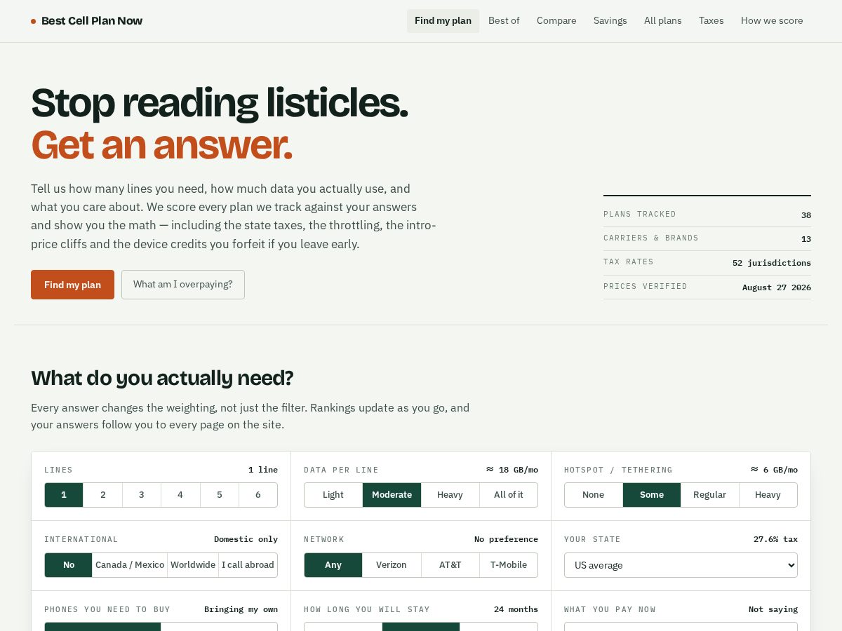 Landing-page snapshot of bestcellplannow.com