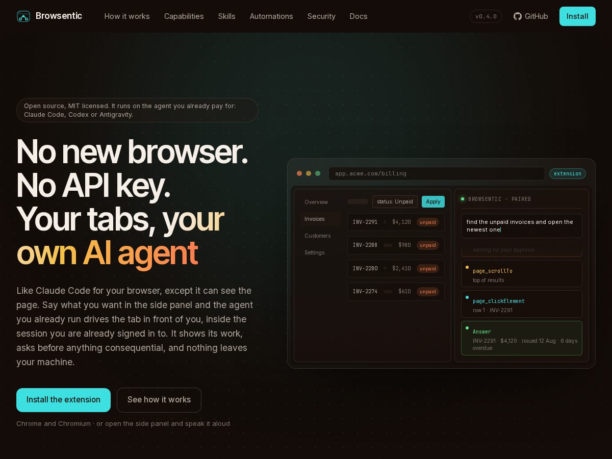 Landing-page snapshot of browsentic.com