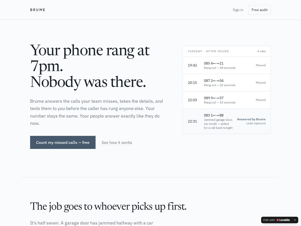 Landing-page snapshot of brume.live